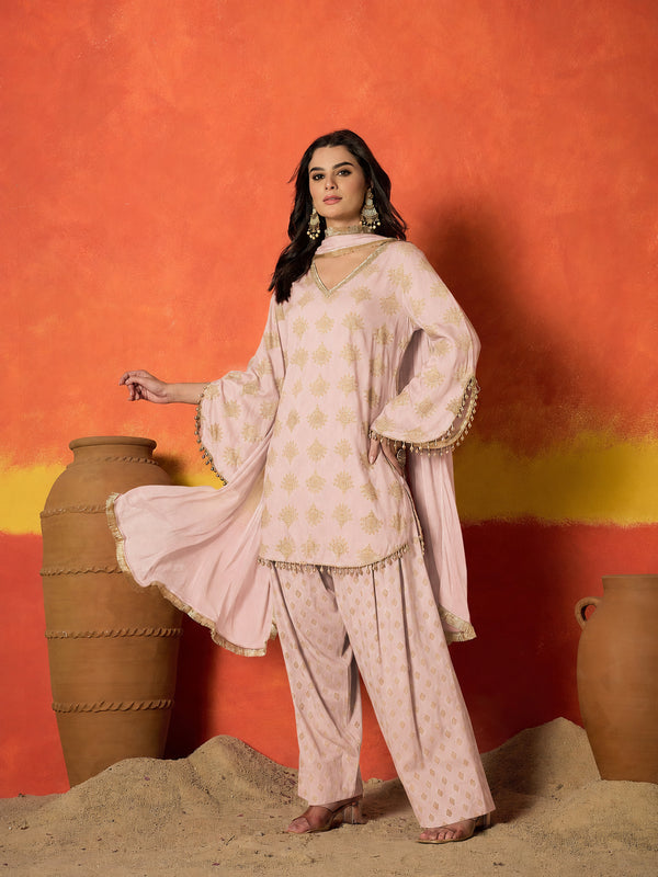 Stylum Women's Blush Gold Printed Rayon A-Line Kurti Farshi Salwar With Dupatta (KSDBLUSHWEDANI)