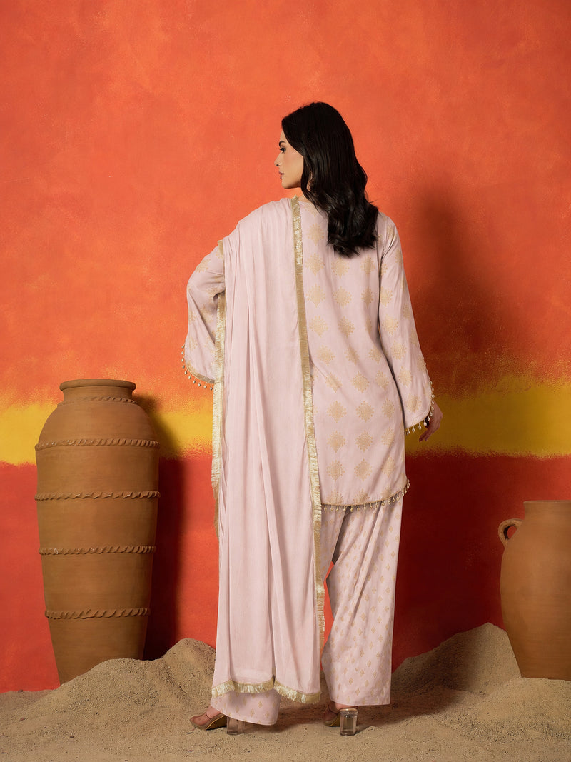 Stylum Women's Blush Gold Printed Rayon A-Line Kurti Farshi Salwar With Dupatta (KSDBLUSHWEDANI)