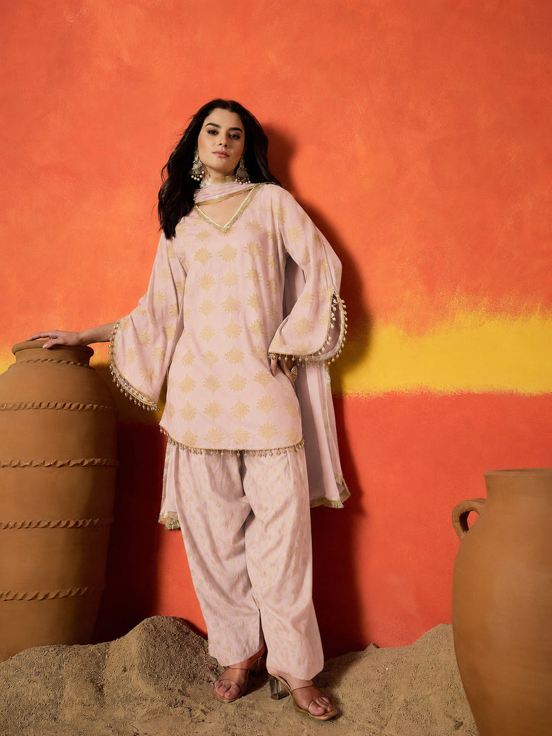 Stylum Women's Blush Gold Printed Rayon A-Line Kurti Farshi Salwar With Dupatta (KSDBLUSHWEDANI)