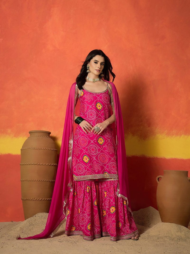 Stylum Women's Pink Bandhej Printed Crepe Straight Kurta Sharara Dupatta Set (KSDCORALKOSKI)