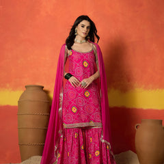 Stylum Women's Pink Bandhej Printed Crepe Straight Kurta Sharara Dupatta Set (KSDCORALKOSKI)