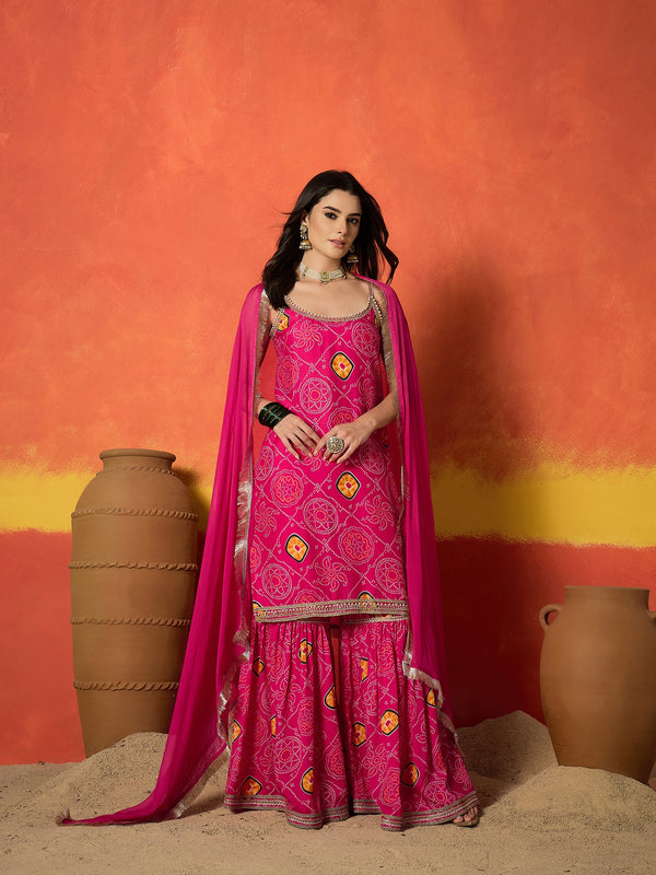 Stylum Women's Pink Bandhej Printed Crepe Straight Kurta Sharara Dupatta Set (KSDCORALKOSKI)