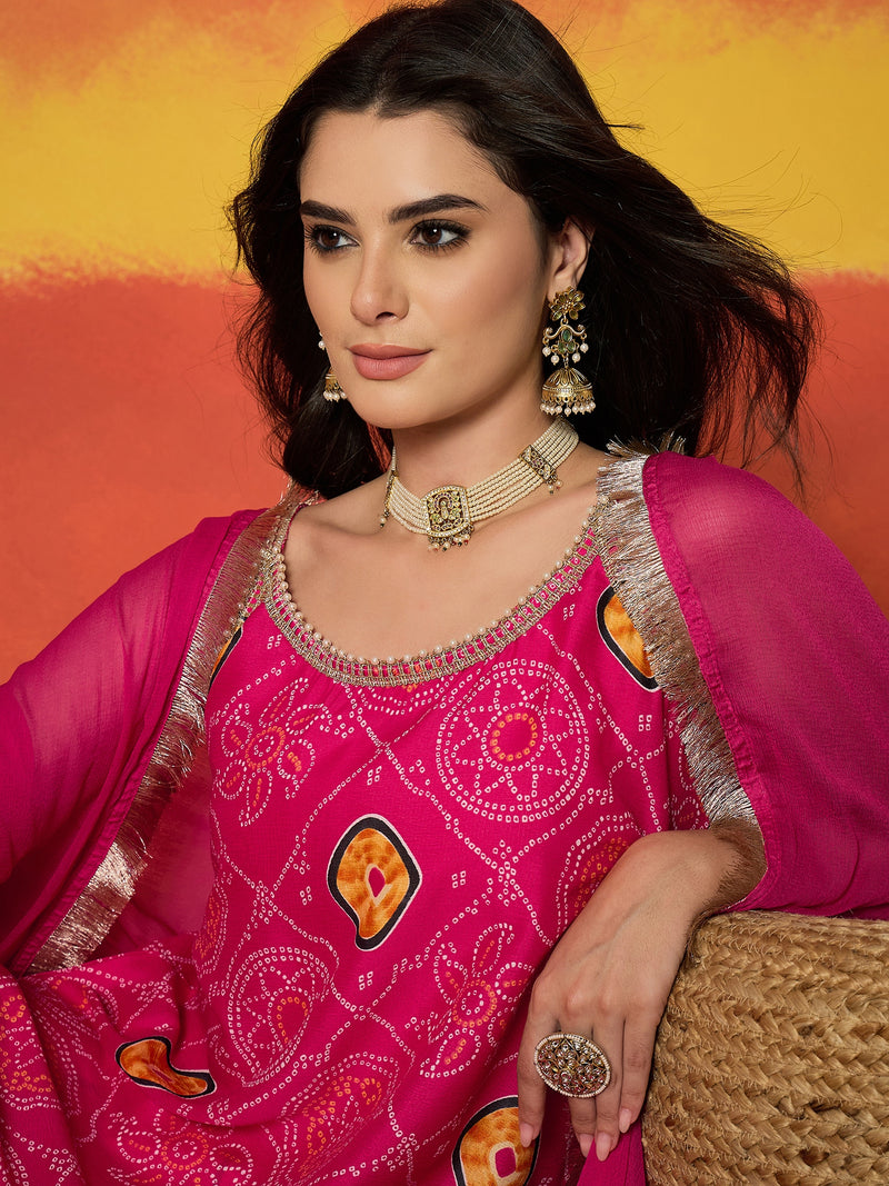 Stylum Women's Pink Bandhej Printed Crepe Straight Kurta Sharara Dupatta Set (KSDCORALKOSKI)