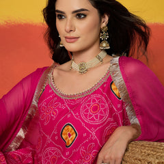 Stylum Women's Pink Bandhej Printed Crepe Straight Kurta Sharara Dupatta Set (KSDCORALKOSKI)