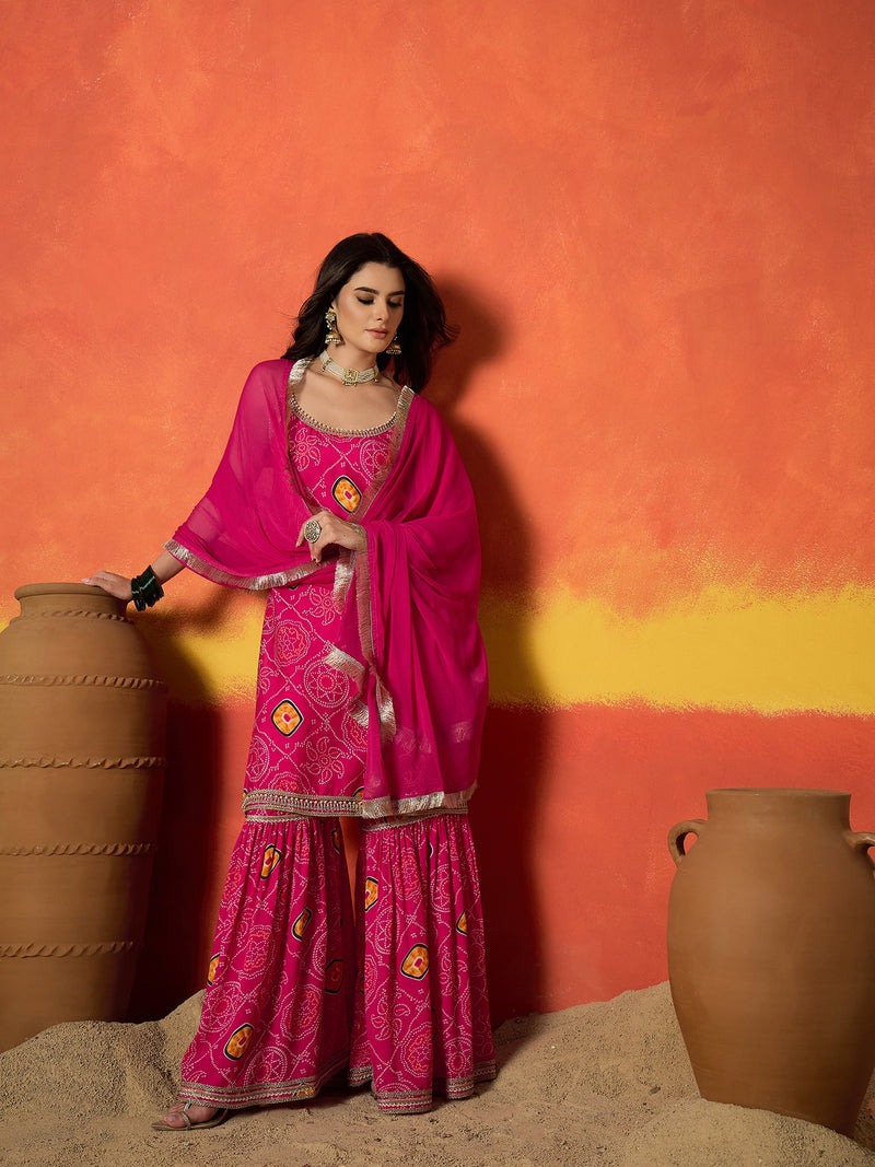 Stylum Women's Pink Bandhej Printed Crepe Straight Kurta Sharara Dupatta Set (KSDCORALKOSKI)