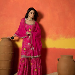 Stylum Women's Pink Bandhej Printed Crepe Straight Kurta Sharara Dupatta Set (KSDCORALKOSKI)