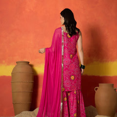 Stylum Women's Pink Bandhej Printed Crepe Straight Kurta Sharara Dupatta Set (KSDCORALKOSKI)