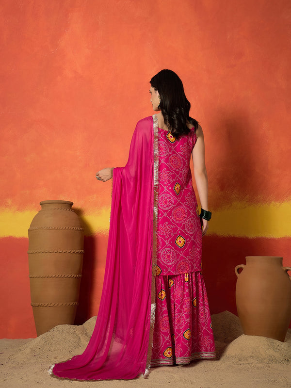 Stylum Women's Pink Bandhej Printed Crepe Straight Kurta Sharara Dupatta Set (KSDCORALKOSKI)