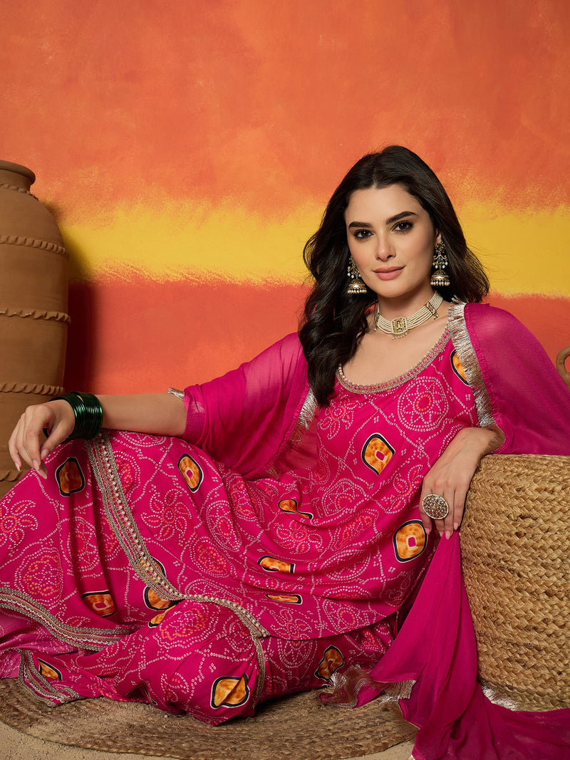 Stylum Women's Pink Bandhej Printed Crepe Straight Kurta Sharara Dupatta Set (KSDCORALKOSKI)