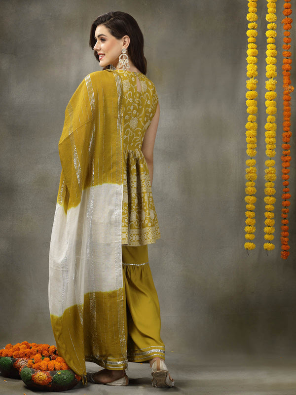 Stylum Women's Floral Printed Rayon Pleated Kurta Sharara Dupatta Set (KSDCORNFISH)