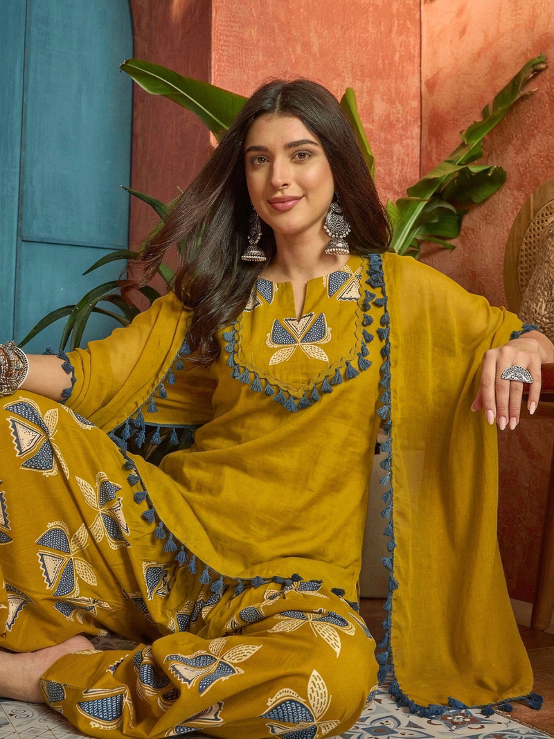 Stylum Women's Corn Solid Cotton Straight Kurti Farshi Salwar Dupatta Set (KSDCORNJUREL)