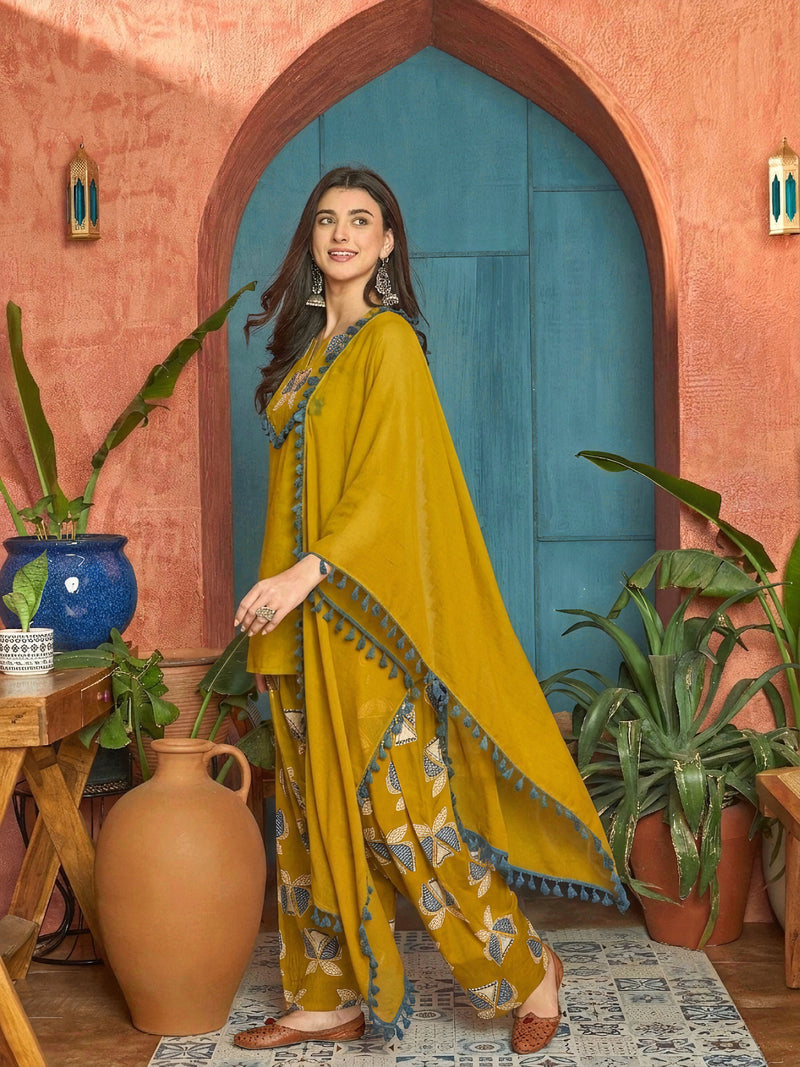 Stylum Women's Corn Solid Cotton Straight Kurti Farshi Salwar Dupatta Set (KSDCORNJUREL)