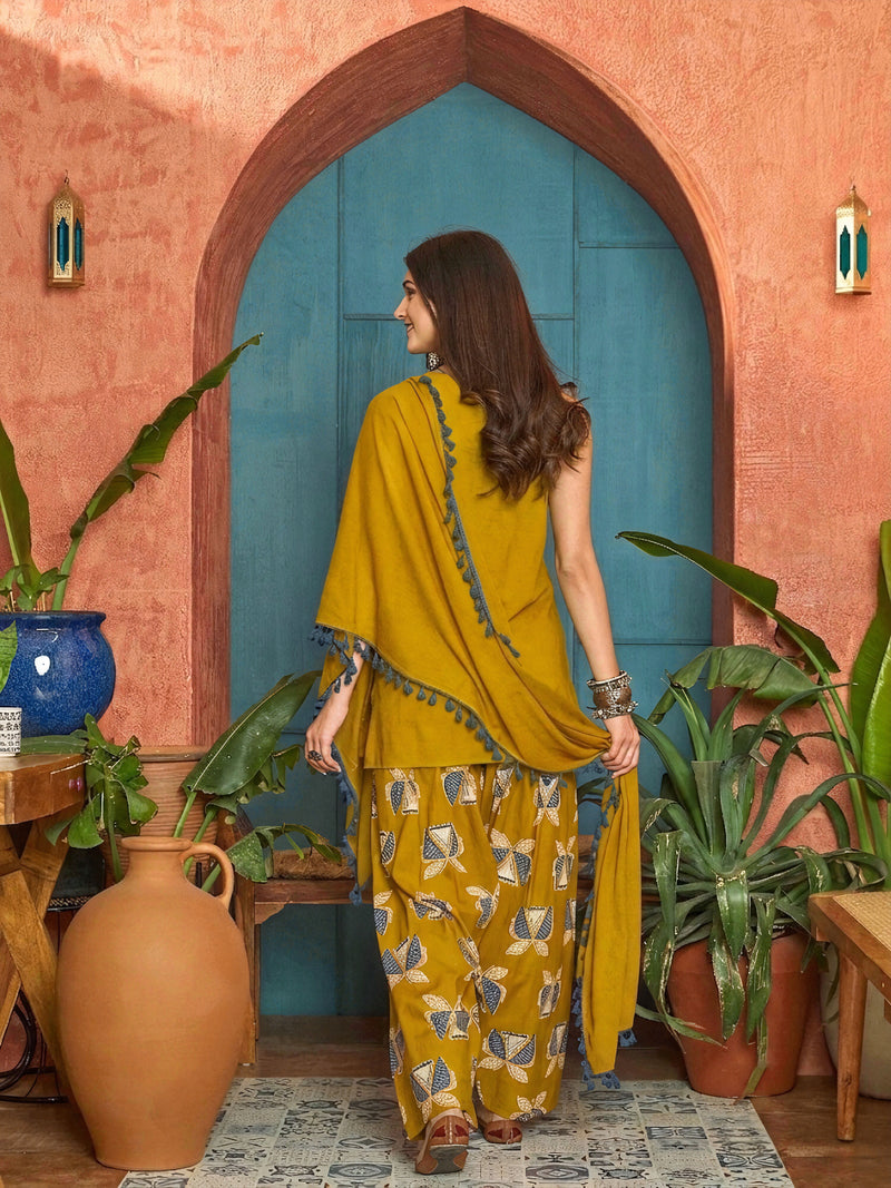 Stylum Women's Corn Solid Cotton Straight Kurti Farshi Salwar Dupatta Set (KSDCORNJUREL)