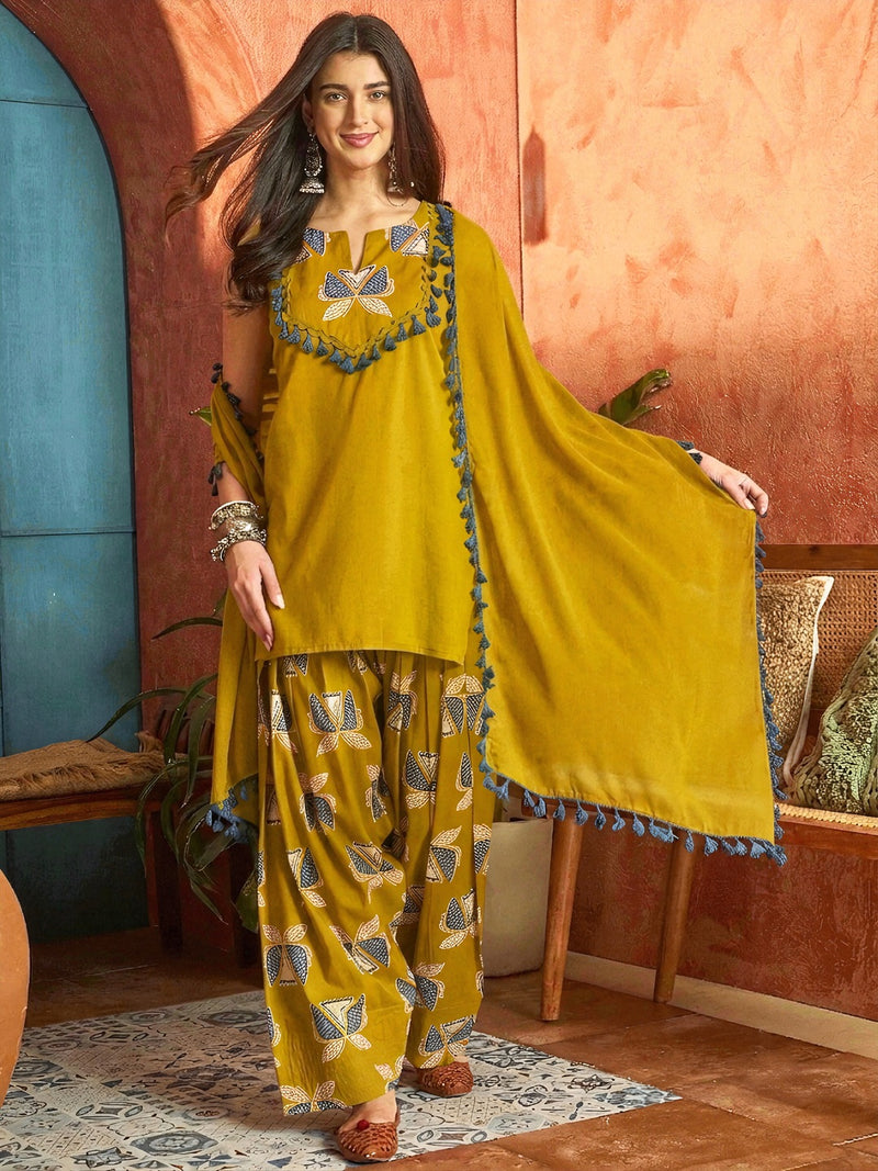 Stylum Women's Corn Solid Cotton Straight Kurti Farshi Salwar Dupatta Set (KSDCORNJUREL)