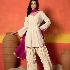 Stylum Women's Cream Chikankari Rayon A-Line Kurti Farshi Salwar With Dupatta Set (KSDCREAMAJMAL)