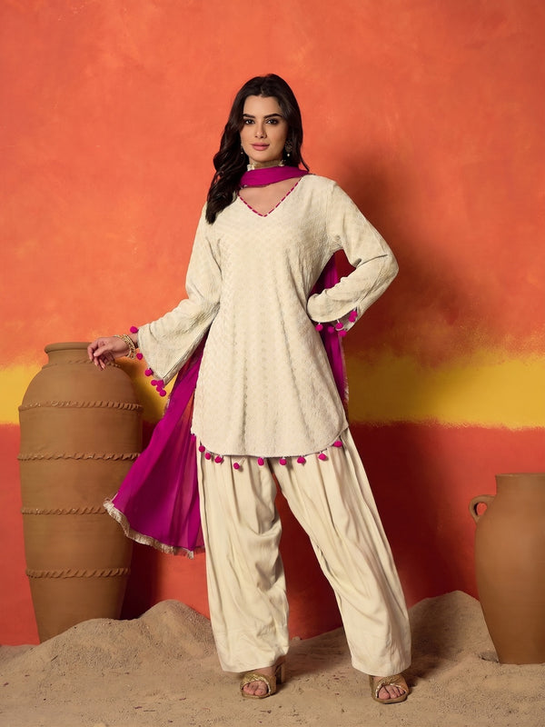 Stylum Women's Cream Chikankari Rayon A-Line Kurti Farshi Salwar With Dupatta Set (KSDCREAMAJMAL)