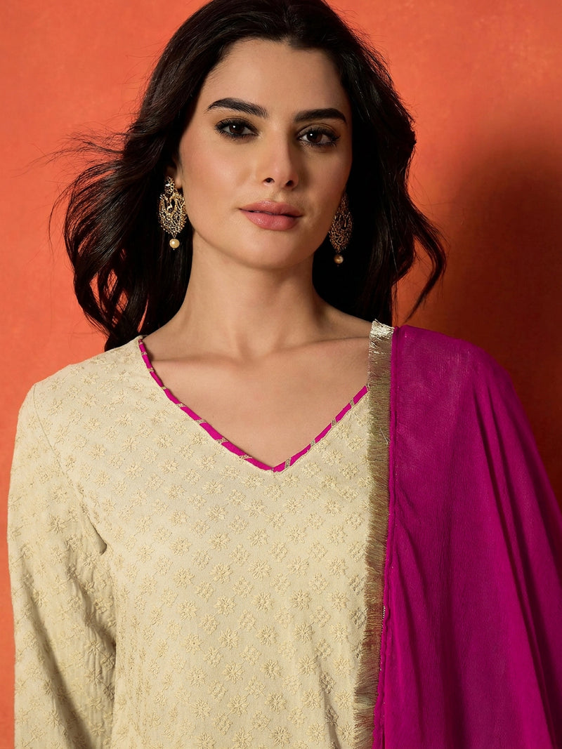 Stylum Women's Cream Chikankari Rayon A-Line Kurti Farshi Salwar With Dupatta Set (KSDCREAMAJMAL)