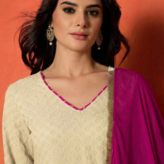 Stylum Women's Cream Chikankari Rayon A-Line Kurti Farshi Salwar With Dupatta Set (KSDCREAMAJMAL)