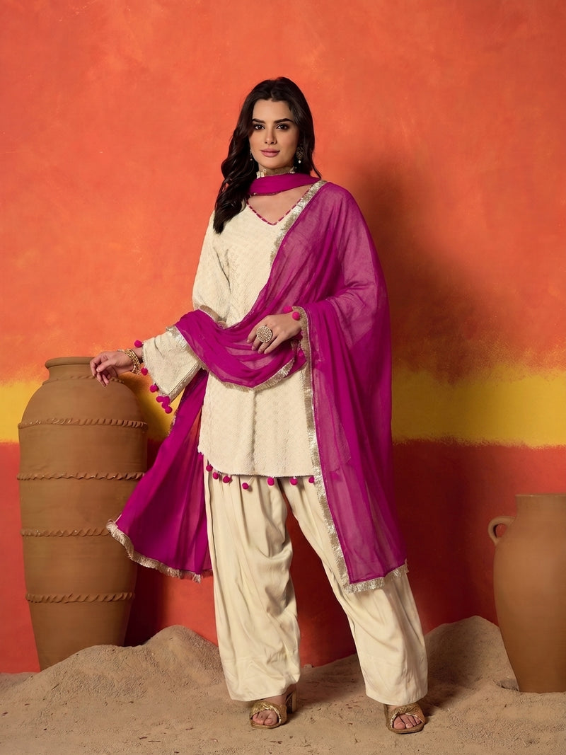 Stylum Women's Cream Chikankari Rayon A-Line Kurti Farshi Salwar With Dupatta Set (KSDCREAMAJMAL)