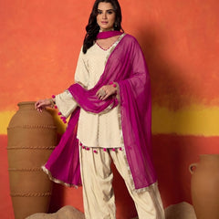 Stylum Women's Cream Chikankari Rayon A-Line Kurti Farshi Salwar With Dupatta Set (KSDCREAMAJMAL)