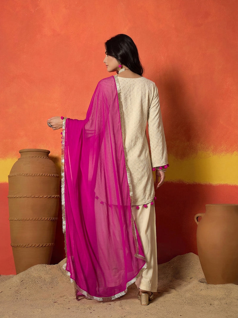 Stylum Women's Cream Chikankari Rayon A-Line Kurti Farshi Salwar With Dupatta Set (KSDCREAMAJMAL)
