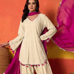 Stylum Women's Cream Chikankari Rayon A-Line Kurti Farshi Salwar With Dupatta Set (KSDCREAMAJMAL)