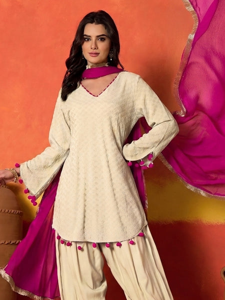 Stylum Women's Cream Chikankari Rayon A-Line Kurti Farshi Salwar With Dupatta Set (KSDCREAMAJMAL)