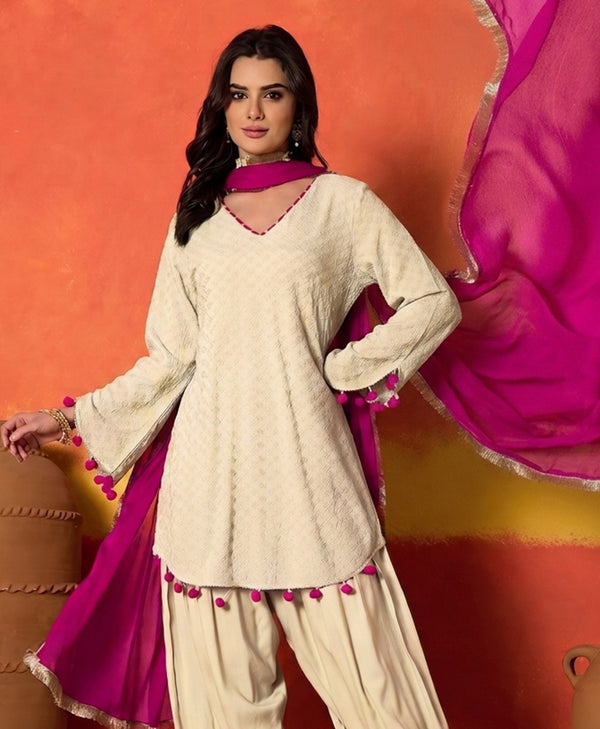 Stylum Women's Cream Chikankari Rayon A-Line Kurti Farshi Salwar With Dupatta Set (KSDCREAMAJMAL)
