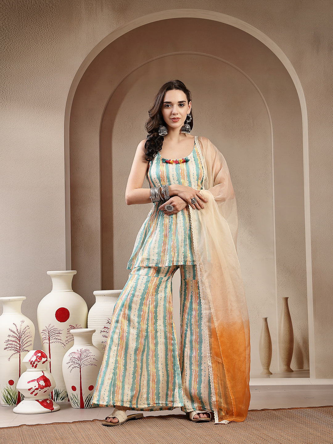 Stylum Women's Cream Leheriya Printed Kota Doria Short Kurti Sharara Dupatta Set (KSDCREAMNEENA)