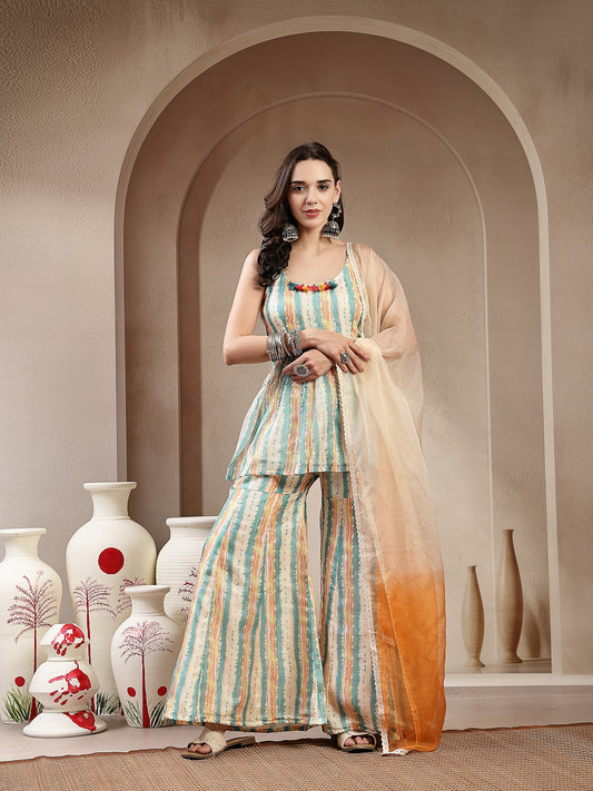 Stylum Women's Cream Leheriya Printed Kota Doria Short Kurti Sharara Dupatta Set (KSDCREAMNEENA)