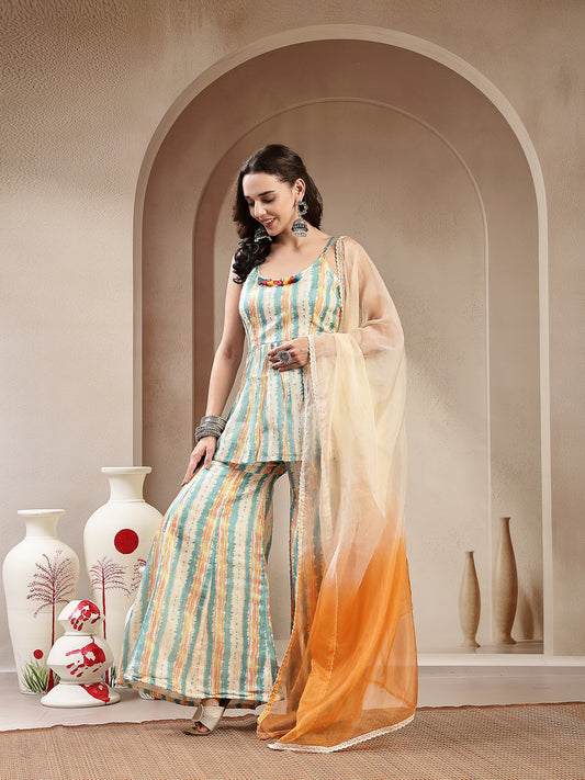 Stylum Women's Cream Leheriya Printed Kota Doria Short Kurti Sharara Dupatta Set (KSDCREAMNEENA)