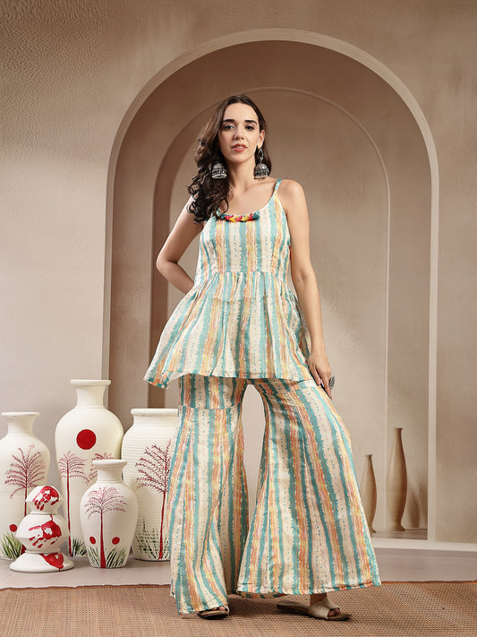 Stylum Women's Cream Leheriya Printed Kota Doria Short Kurti Sharara Dupatta Set (KSDCREAMNEENA)