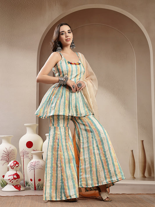 Stylum Women's Cream Leheriya Printed Kota Doria Short Kurti Sharara Dupatta Set (KSDCREAMNEENA)