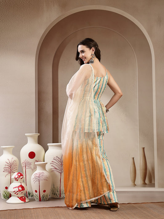 Stylum Women's Cream Leheriya Printed Kota Doria Short Kurti Sharara Dupatta Set (KSDCREAMNEENA)