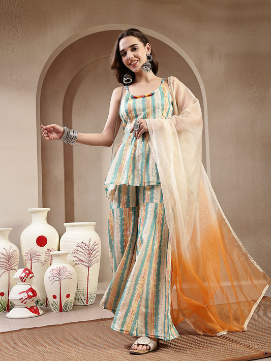 Stylum Women's Cream Leheriya Printed Kota Doria Short Kurti Sharara Dupatta Set (KSDCREAMNEENA)