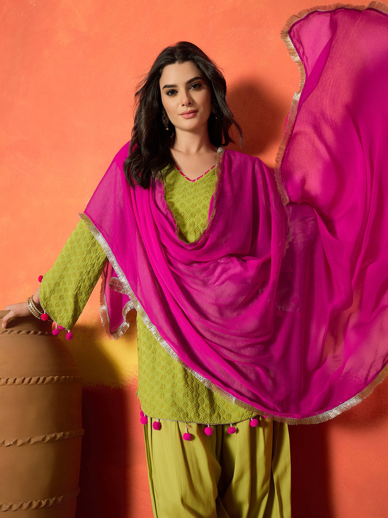 Stylum Women's Green Chikankari Rayon A-Line Kurti Farshi Salwar With Dupatta Set (KSDGREENAJMAL)