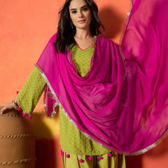 Stylum Women's Green Chikankari Rayon A-Line Kurti Farshi Salwar With Dupatta Set (KSDGREENAJMAL)