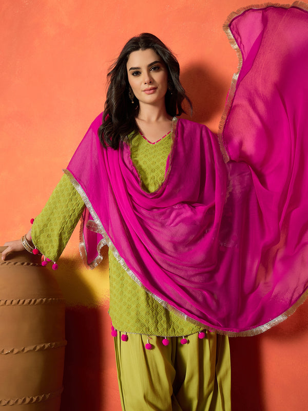 Stylum Women's Green Chikankari Rayon A-Line Kurti Farshi Salwar With Dupatta Set (KSDGREENAJMAL)