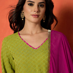 Stylum Women's Green Chikankari Rayon A-Line Kurti Farshi Salwar With Dupatta Set (KSDGREENAJMAL)