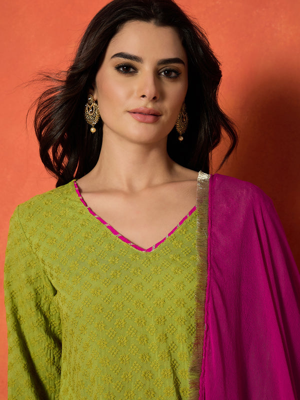 Stylum Women's Green Chikankari Rayon A-Line Kurti Farshi Salwar With Dupatta Set (KSDGREENAJMAL)