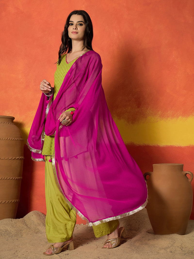 Stylum Women's Green Chikankari Rayon A-Line Kurti Farshi Salwar With Dupatta Set (KSDGREENAJMAL)