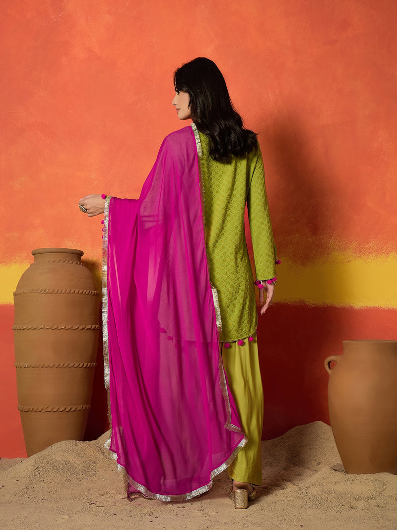 Stylum Women's Green Chikankari Rayon A-Line Kurti Farshi Salwar With Dupatta Set (KSDGREENAJMAL)