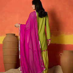 Stylum Women's Green Chikankari Rayon A-Line Kurti Farshi Salwar With Dupatta Set (KSDGREENAJMAL)