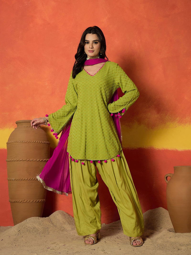 Stylum Women's Green Chikankari Rayon A-Line Kurti Farshi Salwar With Dupatta Set (KSDGREENAJMAL)