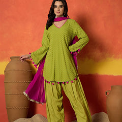 Stylum Women's Green Chikankari Rayon A-Line Kurti Farshi Salwar With Dupatta Set (KSDGREENAJMAL)