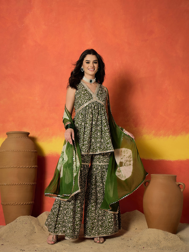 Stylum Women's Green Floral Printed Pure Cotton A-Line Short Kurti Sharara Dupatta Set (KSDGREENAMBUSH)