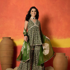 Stylum Women's Green Floral Printed Pure Cotton A-Line Short Kurti Sharara Dupatta Set (KSDGREENAMBUSH)