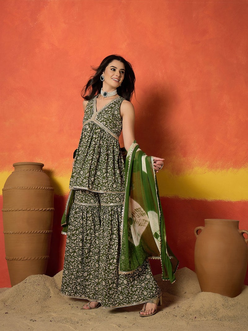 Stylum Women's Green Floral Printed Pure Cotton A-Line Short Kurti Sharara Dupatta Set (KSDGREENAMBUSH)
