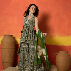 Stylum Women's Green Floral Printed Pure Cotton A-Line Short Kurti Sharara Dupatta Set (KSDGREENAMBUSH)