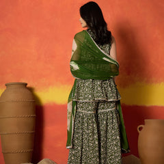 Stylum Women's Green Floral Printed Pure Cotton A-Line Short Kurti Sharara Dupatta Set (KSDGREENAMBUSH)
